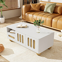 OKWISH Table basse blanc/bois moderne, 4 portes, 2 tiroirs, rangement ouvert, LED, pieds sphériques