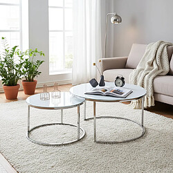 Homy France Lot de 2 tables Basses Gigogne ARTO inox et plateau en verre BLANC