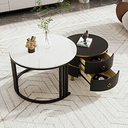 OKWISH Table basse gigogne ronde 2 en 1, plateau brillant + marbre blanc, 2 tiroirs, noir/blanc