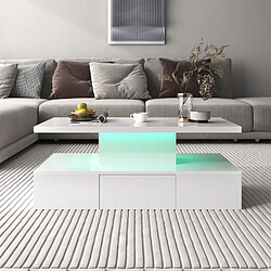 OKWISH Table basse blanche brillante LED, tiroirs, 2 niveaux rangement