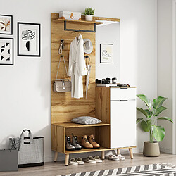 OKWISH Vestiaire entrée 190 cm, banc chaussures + miroir, armoire + tiroirs, blanc/chêne