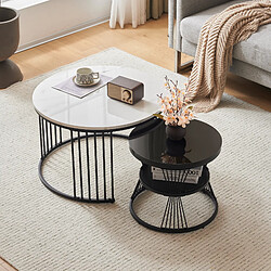 OKWISH Table basse gigogne ronde, lot 2, blanche/noire, cadre métal noir, placage marbre