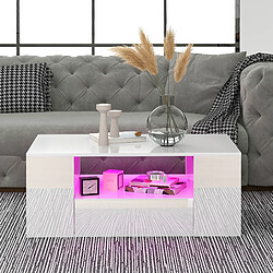 OKWISH Table basse blanche brillante LED, 2 tiroirs, 2 étagères