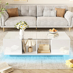 OKWISH Table basse blanche LED, plateau brillant, 120x50x38.5 cm