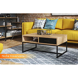 Tendance Table basse MIX avec niche et tiroir en Noir et Bois 90 cm x 60 cm style loft