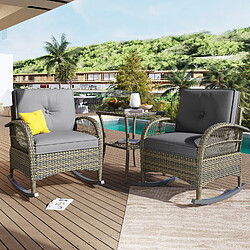 OKWISH Lot de 3 salon de jardin, 2 fauteuils à bascule rotin + 1 table verre, terrasse/jardin, gris