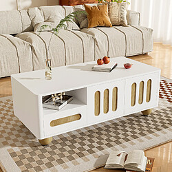 OKWISH Table basse blanc/bois moderne, 4 portes, 2 tiroirs, rangement ouvert, LED, pieds sphériques