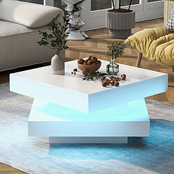 OKWISH Table basse carrée blanche brillante LED 16 couleurs, plateau pivotant, 70x70x36 cm