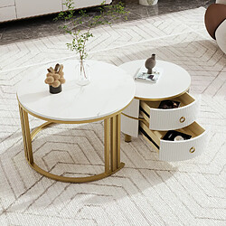 OKWISH Table basse gigogne ronde 2 en 1, plateau brillant + marbre, MDF, blanc/or
