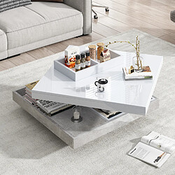 OKWISH Table basse carrée, plateau blanc brillant rotatif 360°, double plateau, rangement, blanc/gris