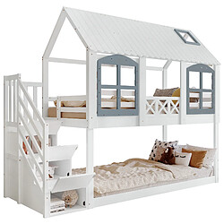 OKWISH Lit superposé 90x200 cm Lit avec rangement - Blanc+Gris pas cher