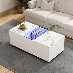 OKWISH Table basse blanche LED, 2 tiroirs, marbre, verre, 100x50x35 cm