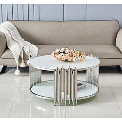 Homy France Table Basse ronde STICK Chrome et plateau en verre BLANC D90 H45 cm