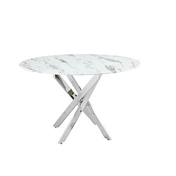 Homy France Table à manger ronde JESSICA MARBRE BLANC pieds chrome 100 cm 4 couverts