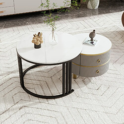 OKWISH Table basse gigogne ronde 2 en 1, plateau brillant + marbre blanc, 2 tiroirs, gris/noir