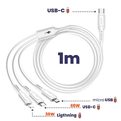 Avis wiwu Câble 3 en 1 USB-C, Micro USB et Lightning Charge Rapide 60W 1m Blanc