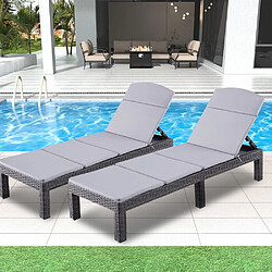 Sinlikon Lot de 2 Bain de soleil - Chaise longue - Transat de soleil Résine imitation rotin tressé - Coussin - Dossier réglable - Noir