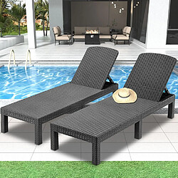 Sinlikon Lot de 2 Bain de soleil - Chaise longue - Transat de soleil Résine imitation rotin tressé - Dossier réglable - Noir