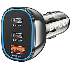 Bwoo Chargeur Voiture USB-C 25W + USB 18W Charge Rapide Éclairage LED Noir transparent