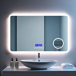 Miroir lumineux 100x60 pour salle de bain avec zone grossissante et hauts parleurs Bluetooth SANILAND