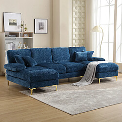 OKWISH Canapé 4 places Canapé bleu en chenille avec 2 sièges inclinables, pour salon, chambre, bureau, appartement, villa, salon