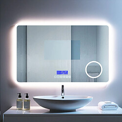 Miroir lumineux 100x60 pour salle de bain avec zone grossissante et hauts parleurs Bluetooth SANILAND