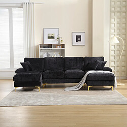 OKWISH Canapé 4 places Canapé noir en chenille avec 2 sièges inclinables, pour salon, chambre, bureau, appartement, villa, salon