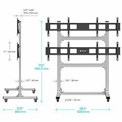 ONKRON Support Mobile en Aluminium pour Mur Video , Mur d Image 4 Écrans de 43 - 55 Pouces et 50 kg Chacun - Support TV Roulettes / Mur d Écran LED Accessoires pour TV et Vidéo FSPRO2L-22 Argenté