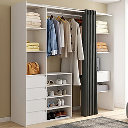 Idmarket Dressing extensible double XXL MERYL 120/180 cm blanc avec tiroirs + étagères + penderie + rideau gris