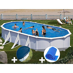 Kit piscine acier blanc Gré Atlantis ovale 7,44 x 3,99 x 1,32 m + Bâche hiver + Bâche à bulles
