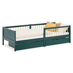 Homestyle4U Lit simple 90x200 2 tiroirs bois vert enfant