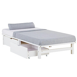 Homestyle4U Lit simple 90x200 matelas 2 tiroirs bois blanc