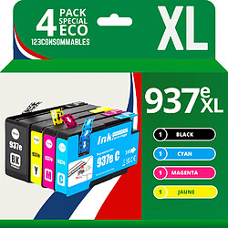 Pack de 4 Cartouches d’Encre Compatibles HP 937e XL – Noir, Cyan, Magenta, Jaune – Haute Capacité