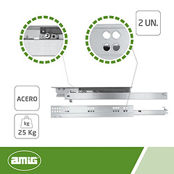 AMIG | Coulisse pour tiroir amortis 41 | 500 mm | Acier | Zingué