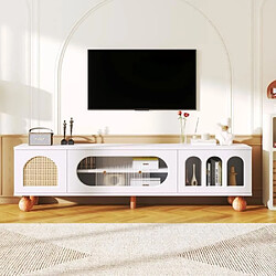Avis Meuble TV portes rotin et verre - Blanc