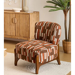 Pegane Fauteuil chenille rembourré à motifs avec pieds en bois effet noyer - Longueur 63 x Profondeur 69 x Hauteur 72 cm