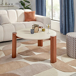 Pegane Table basse ronde sur 3 pieds coloris Noyer/Beige - Diamètre 85,5 x Hauteur 43 cm