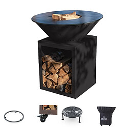 GRILL CHIC Pack Brasero Classique Acier Thermolaqué 103x90 cm Noir Double Cuve - Avec rangement bois