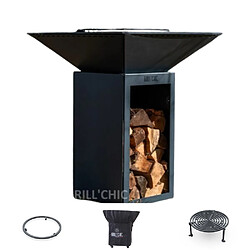 GRILL CHIC Pack Brasero Cevenol Acier Thermolaqué Bois Carré 74x74x90 cm Gris Anthracite Double Cuve