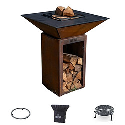 GRILL CHIC Pack Brasero CEVENOL Simple Cuve Corten Carré 74x74x90 cm - Avec rangement bois