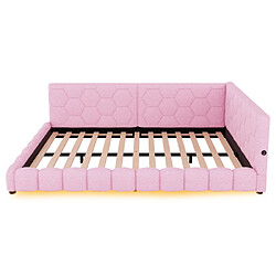 modfu Lit adulte 140x200 cm avec sommier à lattes, éclairage, USB et Type-C, en velours, rose pas cher