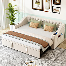 modfu Lit gigogne 90x190 cm avec USB, poches et sommier à lattes, en velours, beige