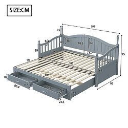 Avis modfu Lit gigogne 90x190 cm avec tiroirs et sommier à lattes, en bois, gris
