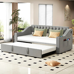 modfu Lit gigogne 90x190 cm avec USB, poches et sommier à lattes, en velours, gris