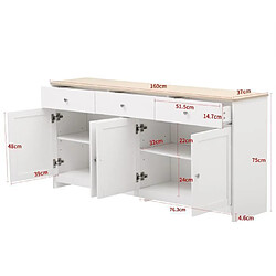 DZMDIP Buffet bahut - armoire de salon moderne - buffet en bois blanc veiné - 4 portes 3 tiroirs - blanc - 160*37*75cm