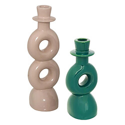 Atmosphera Lot de 2 Bougeoirs en Dolomite Mala 25cm Beige & Vert