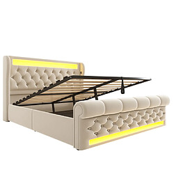 Acheter modfu Lit coffre 140x200 cm avec LED, tête de lit, USB et Type-C, en velours, beige