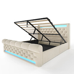 modfu Lit coffre 140x200 cm avec LED, tête de lit, USB et Type-C, en velours, beige pas cher
