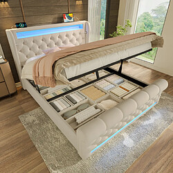 modfu Lit coffre 140x200 cm avec LED, tête de lit, USB et Type-C, en velours, beige
