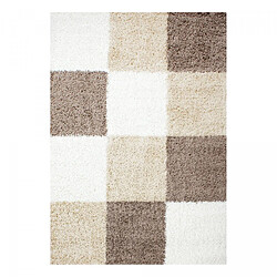 UnAmourDeTapis Tapis poils longs shaggy 120x170 rectangle tissé beige et marron motif damier
